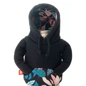 Puffin Black Hoodie with Floral Accents Insulated Can Coozie